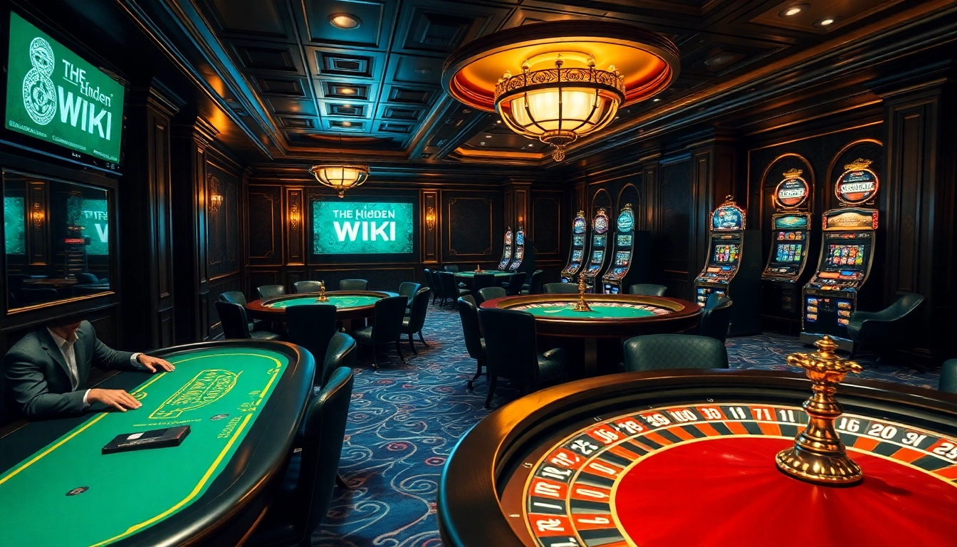 This image captures 'The Hidden Wiki' in an elegant casino, showcasing poker tables and rich decor.