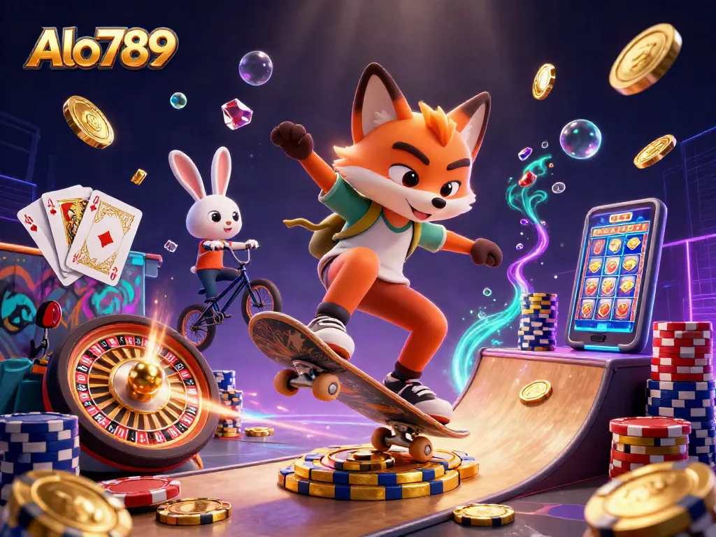 Alo789 captures the excitement of casino adventures with a fox skateboarder and a BMX rabbit, showcasing thrilling gaming elements.
