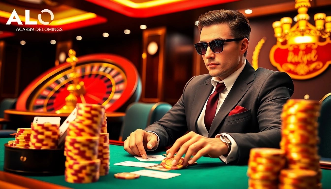 Alo789 players enjoying high-stakes poker at a luxurious casino, capturing excitement and professionalism.