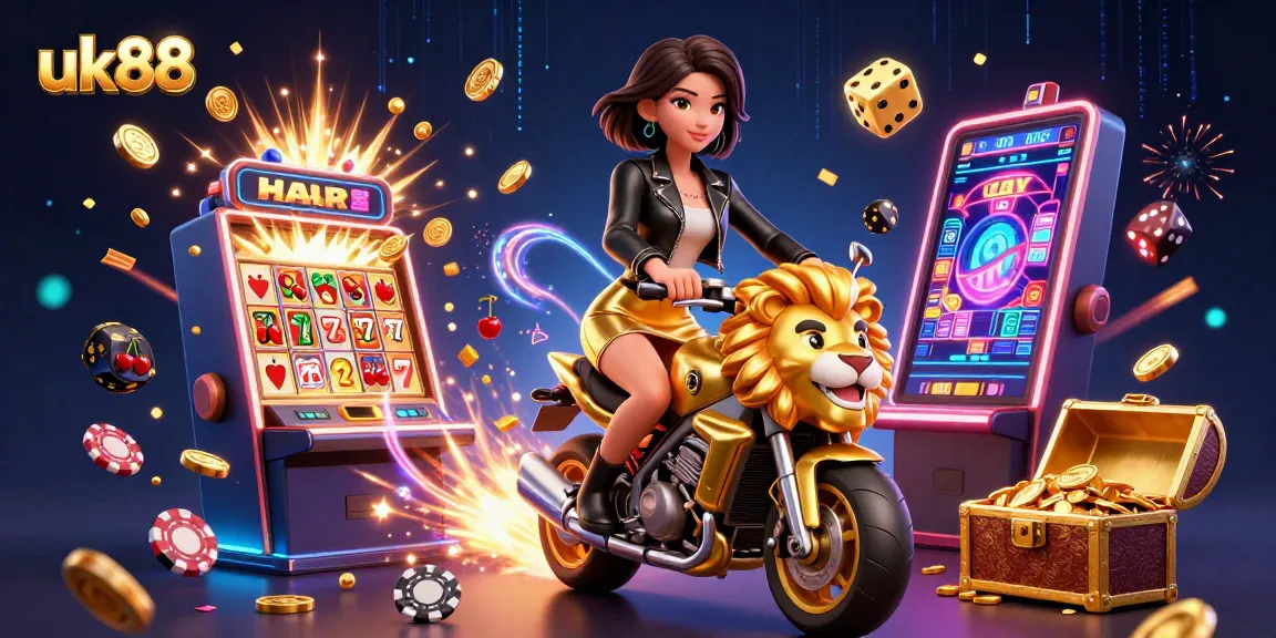 Experience the excitement of uk88 with a glamorous woman riding a golden lion through a jackpot scene.