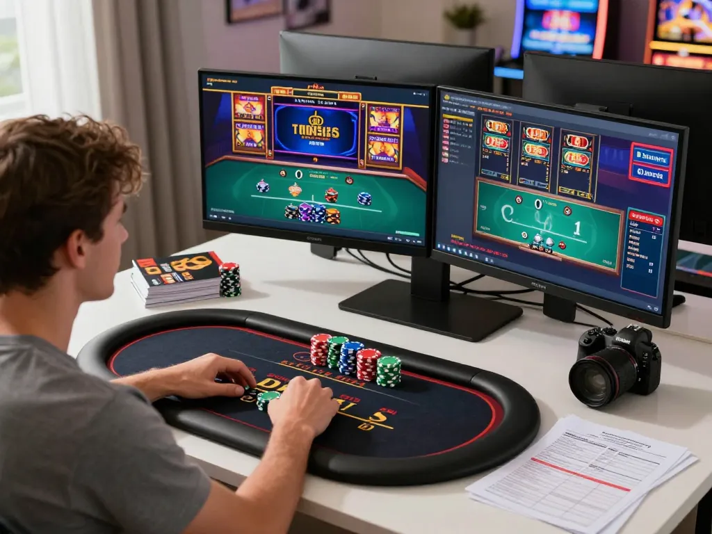Player strategizing at home casino game setup with 88xx mobile app, enhancing gaming experience.