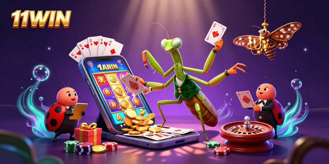 Experience the thrill of gaming with 11WIN as the mantis dealer shuffles chips and cards in a vibrant casino