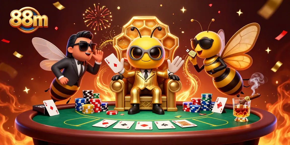 Feel the thrill of 88m gaming with our cartoon casino scene showcasing high-stakes poker.