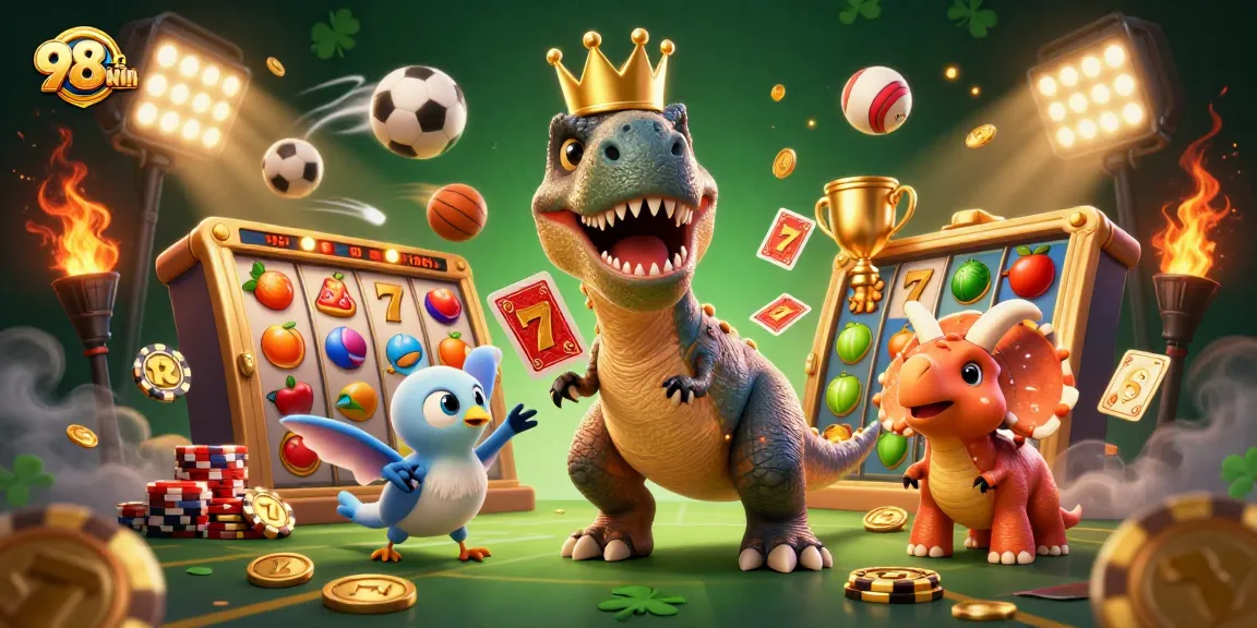 Experience exciting slots action at 98win with whimsical casino characters playing and stacking chips.