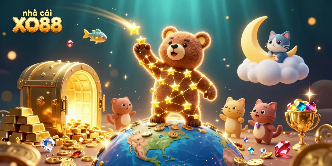 Exciting illustration of nhà cái XO88's thrilling gaming experience featuring a constellation bear and treasure vaults.