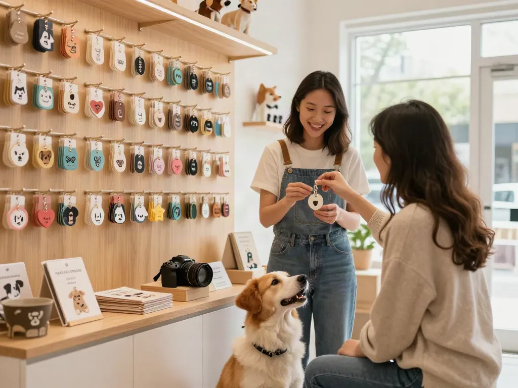 Gepersonaliseerde hondenpenning bestellen in gezellige dierenwinkel met verschillende ontwerpen.