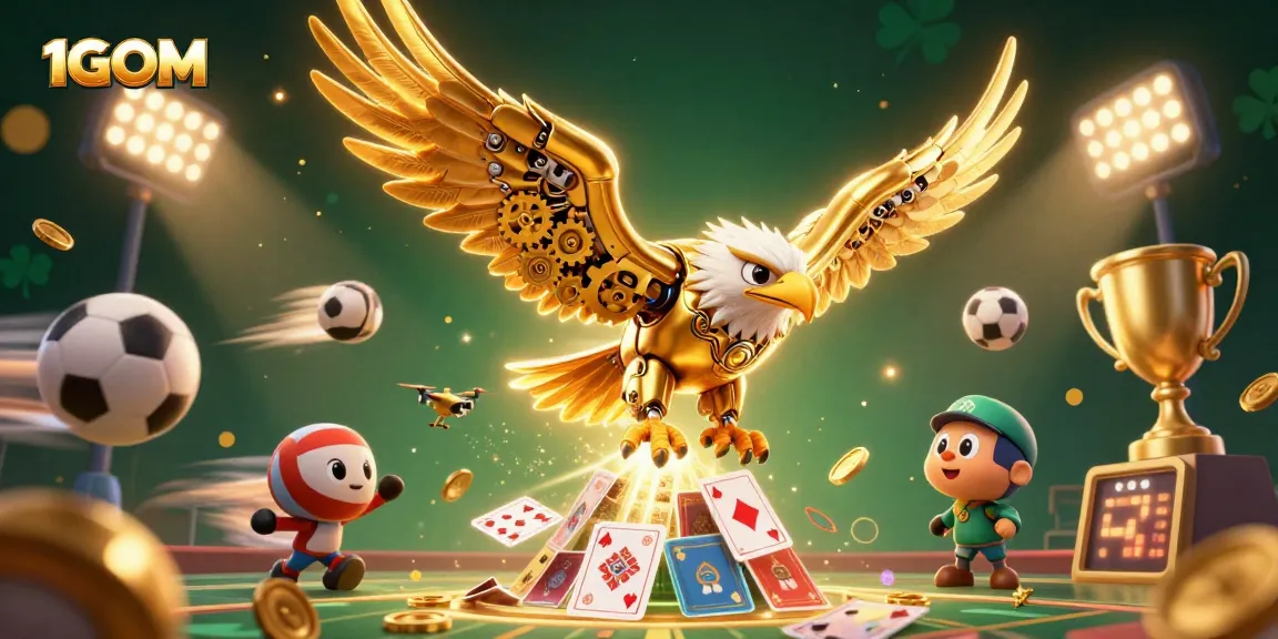 Engage with 1GOM's thrilling sports betting scene featuring a golden eagle amidst dynamic gaming elements.