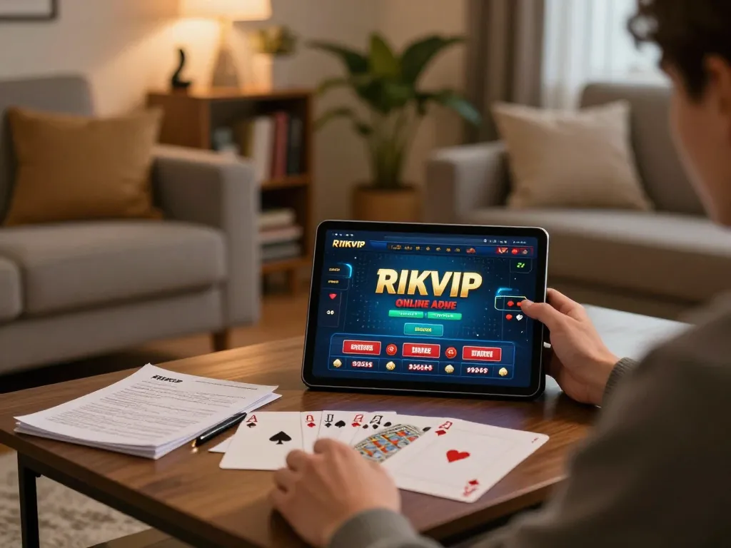 Engaging online gaming experience at RIKVIP on a tablet, cozy home atmosphere.