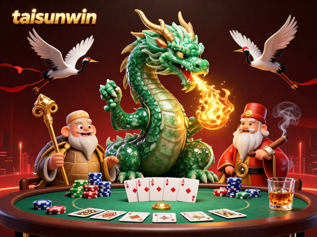 Experience the magic of taisunwin at a vibrant casino showdown with dragons, turtles, and poker action.