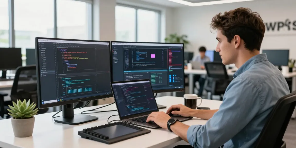 Exploring WPS Official Website in a modern tech workspace with a developer focused on coding.