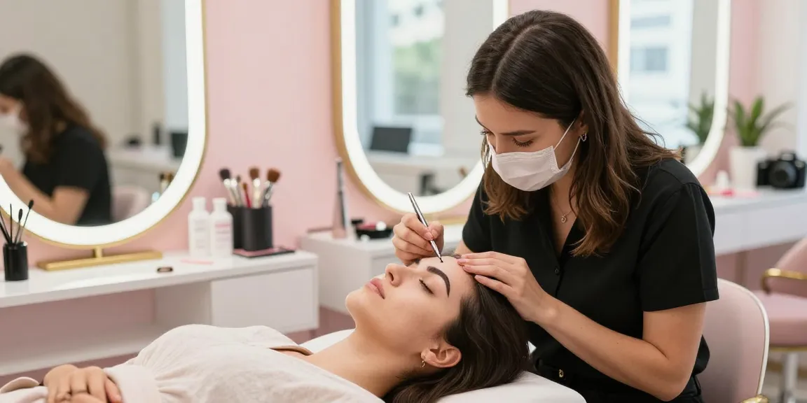 Toepassingsproces van permanente make-up wenkbrauwen in een serene beautystudio.