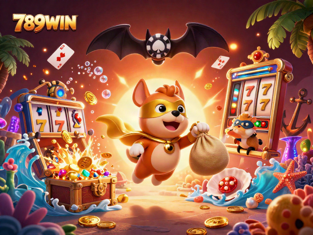 Win big with 789WIN as a heroic dog flies through a vibrant casino scene filled with jackpots.