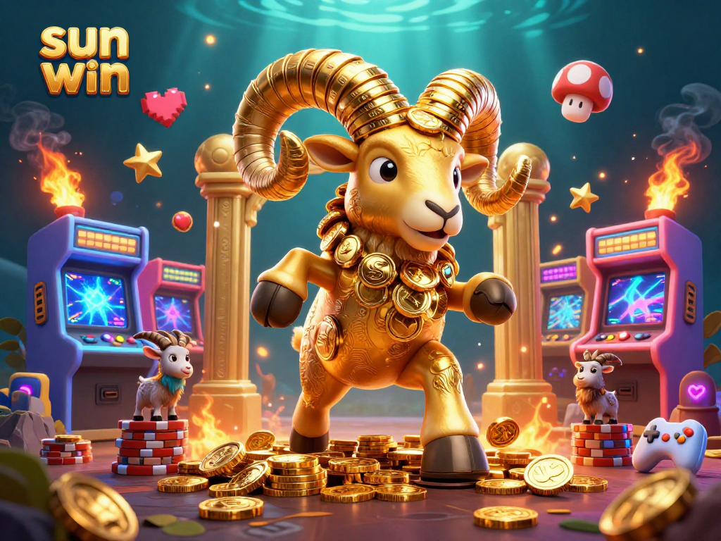 Experience the thrill of sun win at this vibrant casino scene with a golden ram and arcade games.