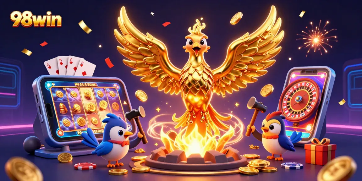 Win big with 98win as the golden phoenix emerges in a busy casino scene.