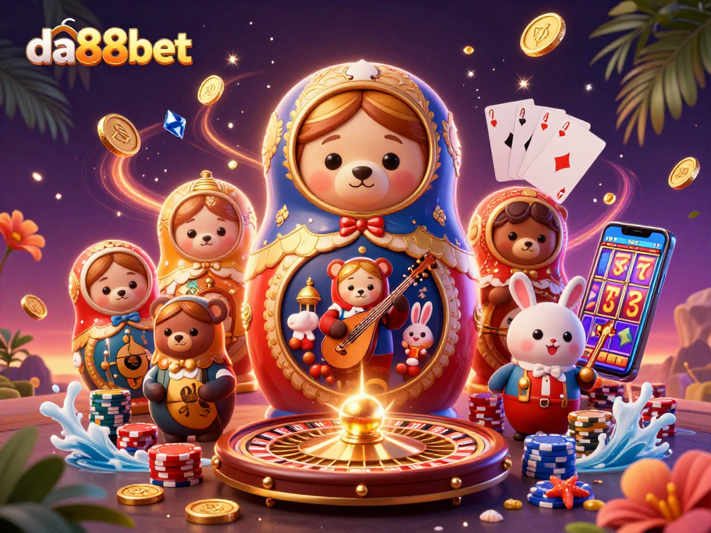 Engage in thrilling games at da88bet with vibrant casino illustrations of joyous characters and glamour.