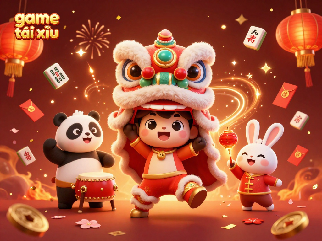 Join the excitement of game tài xỉu with a colorful 3D illustration featuring vibrant characters and festive decorations.