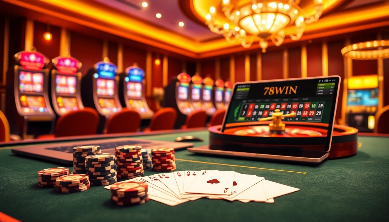 Experience the thrill of gambling at 78WIN with an elegant casino scene showcasing poker and roulette.