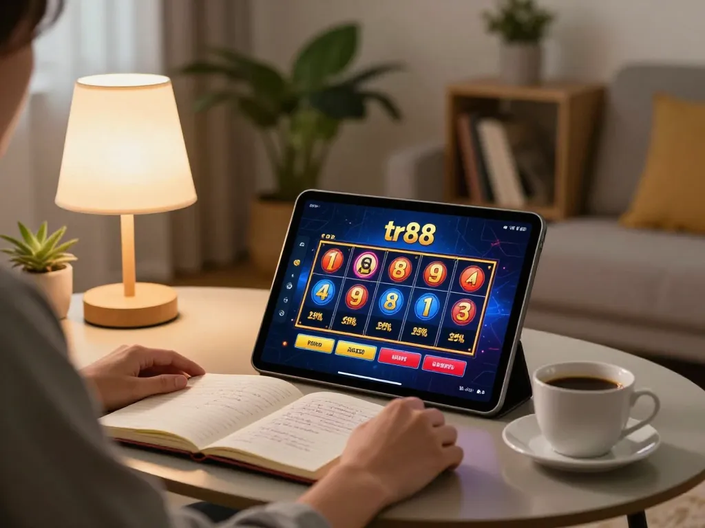 Player enjoying online slots on tr88 in a cozy living room setting with strategic notes.