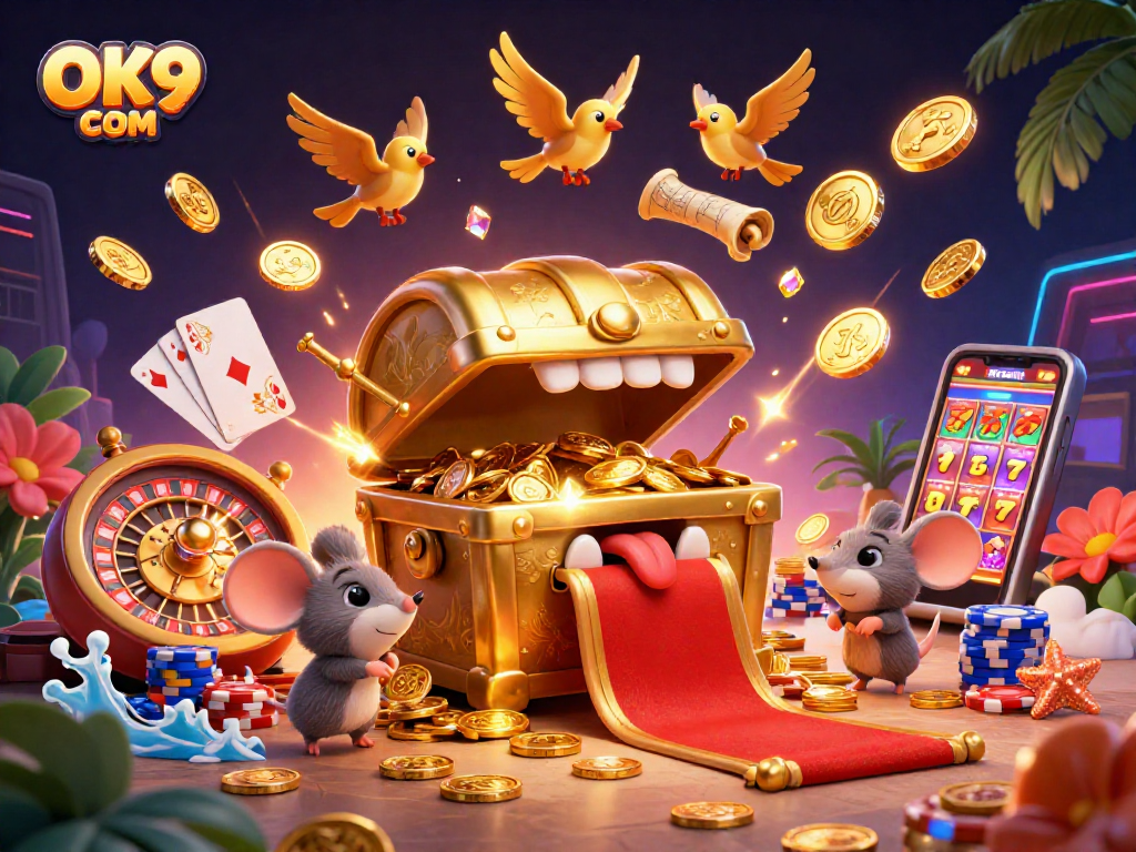 Experience the thrill at OK9 COM with a vibrant 3D casino illustration of treasure and games.