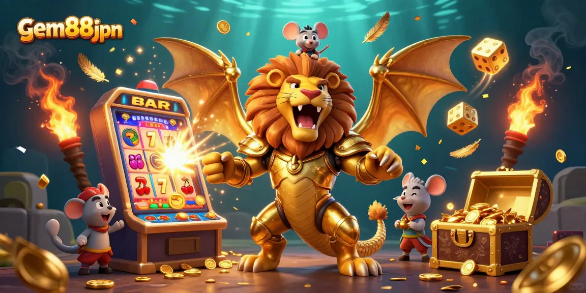 Experience thrilling jackpots with gem88jpn's lively 3D illustration showcasing vibrant slot machine action.
