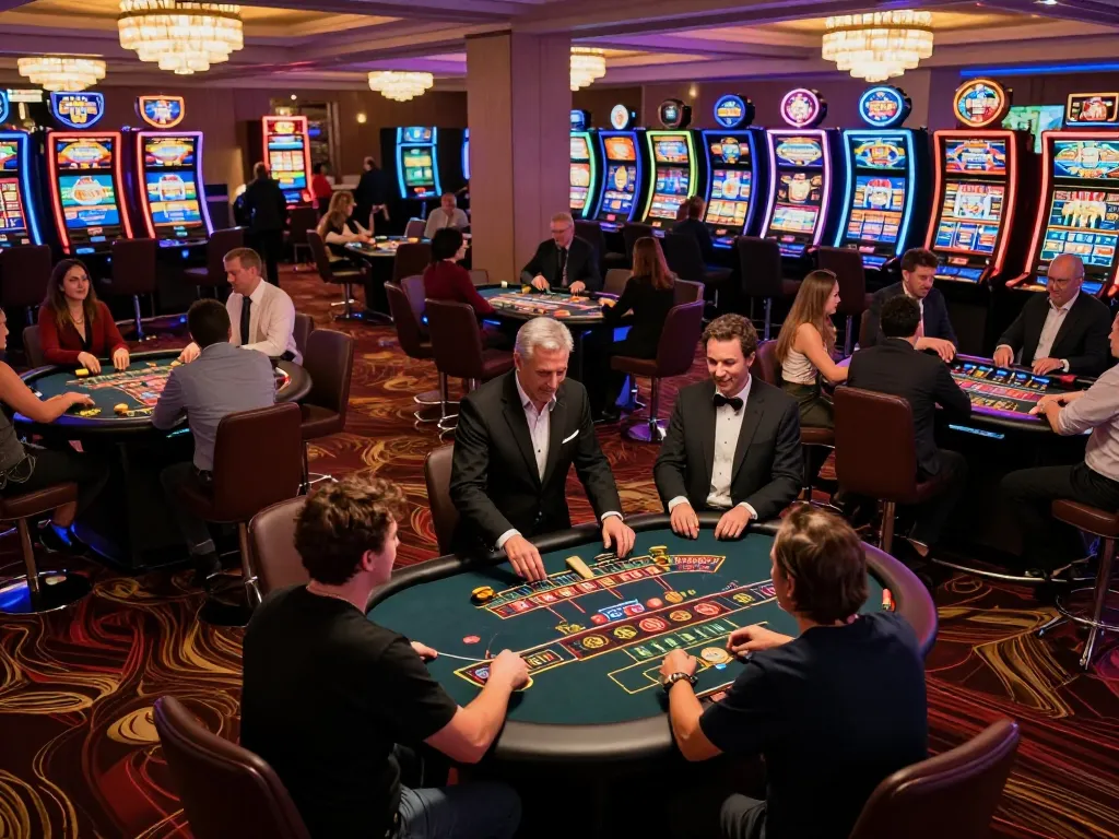Players strategizing bets at the vibrant casino floor, capturing the excitement of the jun88 experience.