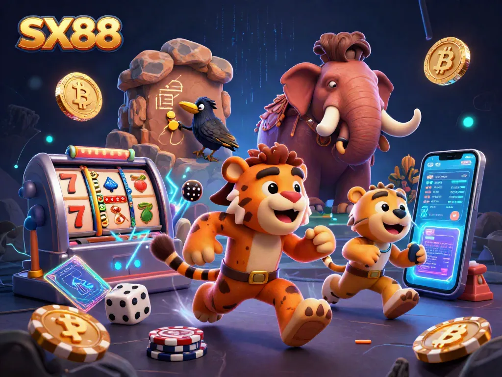 SX88 engages players with vibrant slot reels and energetic prehistoric characters in a dynamic casino setting.