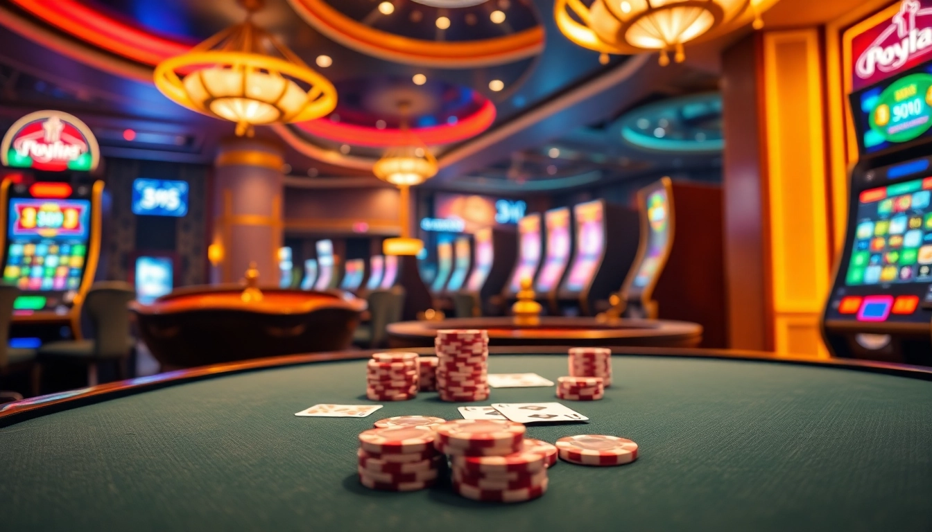 RR88 casino setting showcasing an elegant poker table and vibrant slot machines.