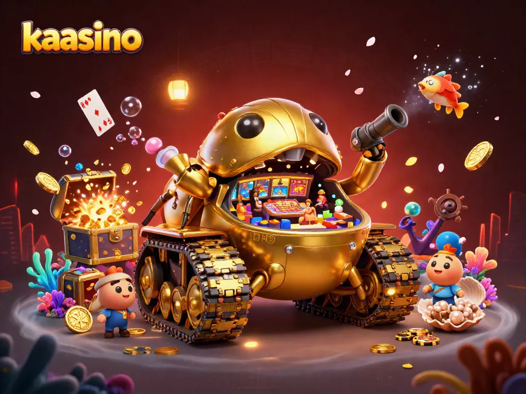 Kaasino showcases a vibrant 3D rendering of a golden beetle tank casino amidst treasure elements, enhancing gaming excitement.