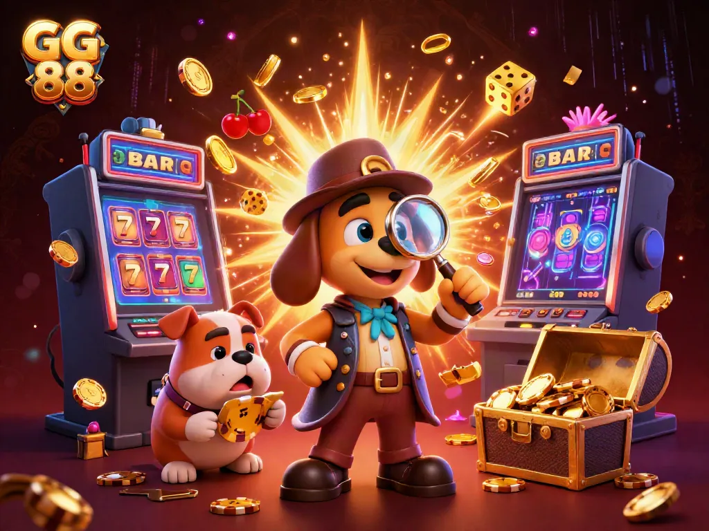 Engage in thrilling gameplay with GG 88, as a detective investigates a jackpot explosion with colorful casino elements.