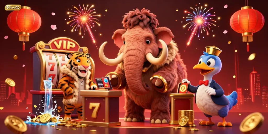 Experience excitement with sunwin20 at a dynamic casino scene featuring a woolly mammoth bouncer and thrilling slot reels.