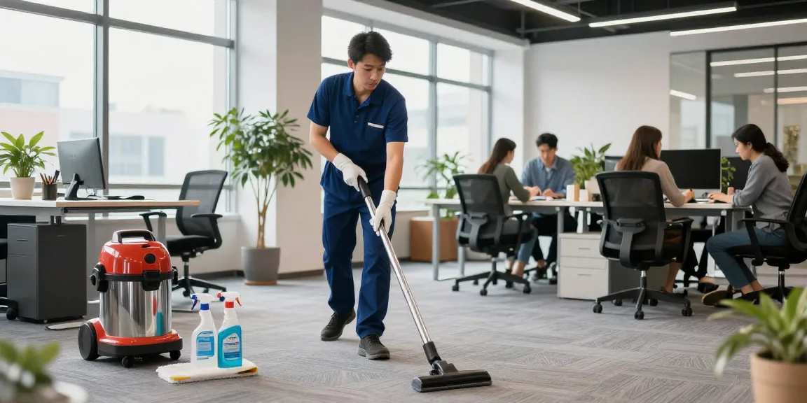 Schoonmaakbedrijf Den Haag professional cleaner in bright office environment vacuuming carpet.