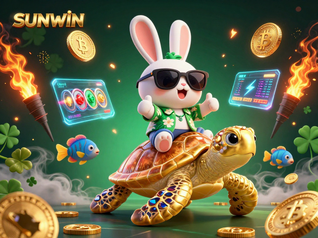 SUNWIN offers an exciting slot gaming experience featuring a lucky rabbit on a golden sea turtle surrounded by vibrant elements.
