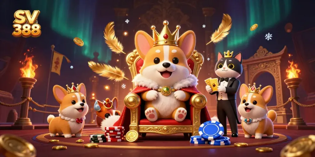 Experience the excitement of SV 388 casino games with royal corgis and vibrant elements.