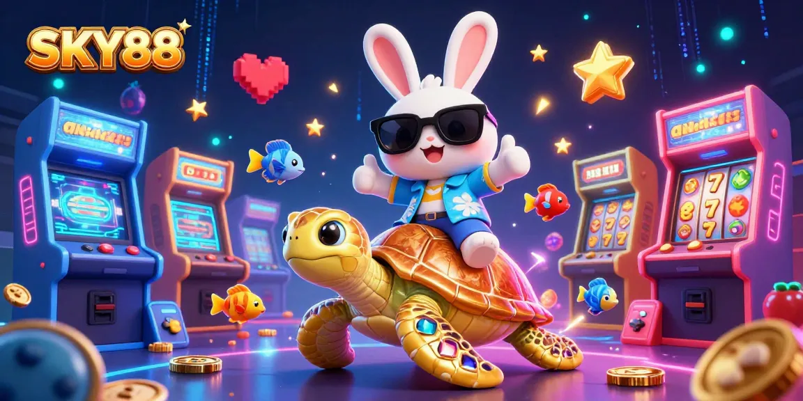 SKY88's lucky rabbit and golden sea turtle celebrate casino wins amidst vibrant gaming elements.