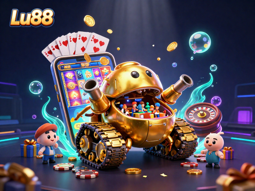 Experience Lu88's vibrant gaming scene with a golden beetle tank and mini casino inside.