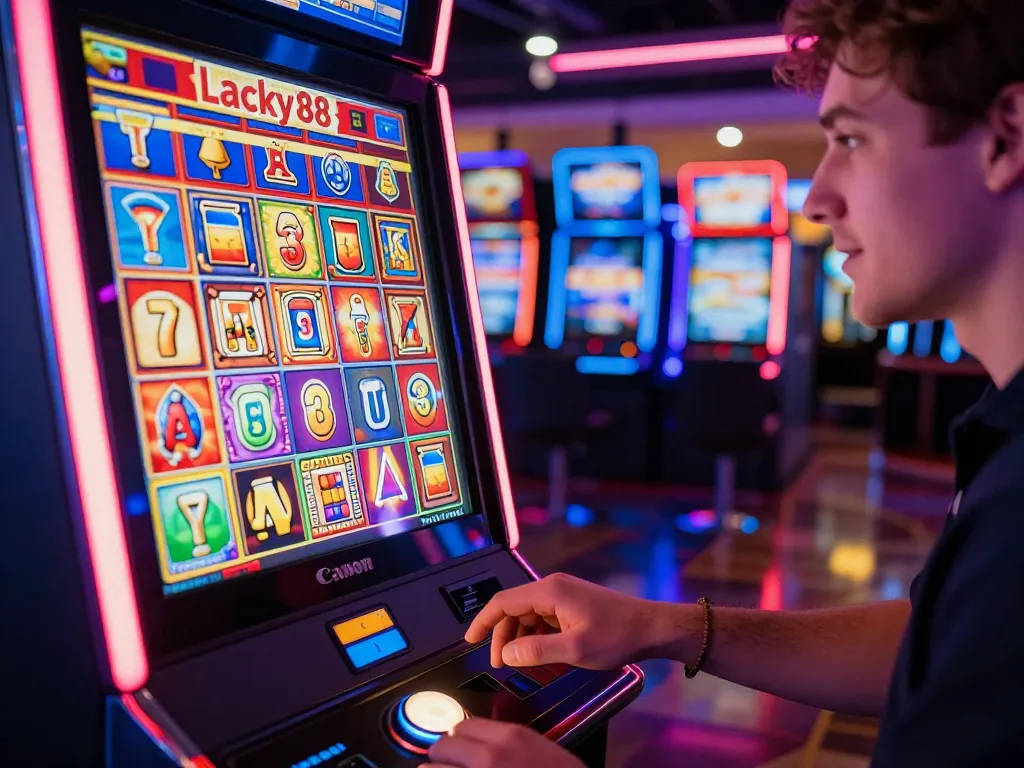 Engaged player preparing to spin on Lucky88 casino slot machine, vibrant casino lights enhance excitement.
