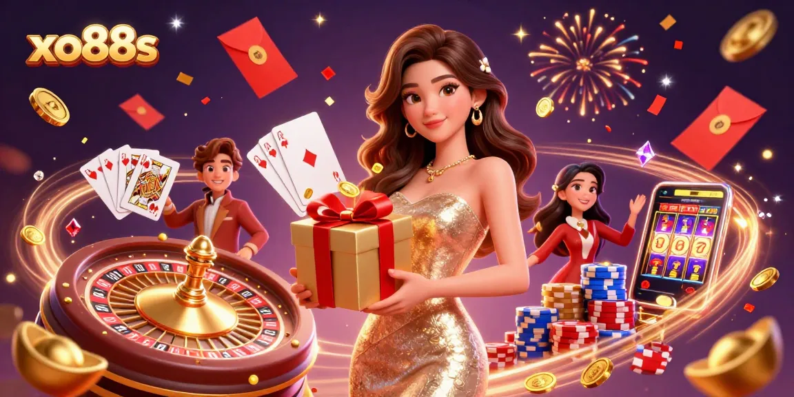 Experience exciting wins at xo88s with a stunning casino illustration featuring golden coins and festive elements.