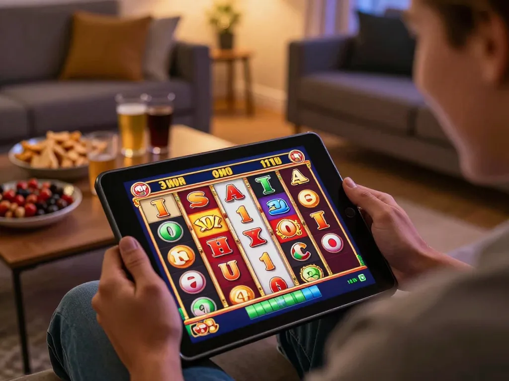 Player enjoying O8 slot game on tablet while relaxing at home with snacks and drinks.