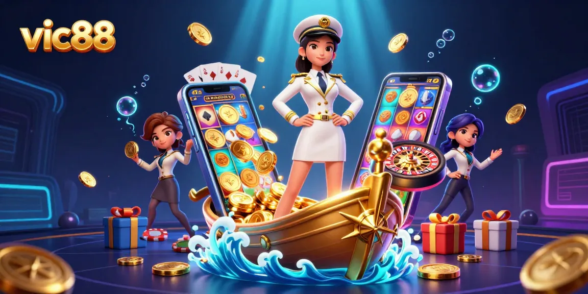 Tap into vic88’s vibrant world with an Asian woman leading on a golden ship amidst casino elements.