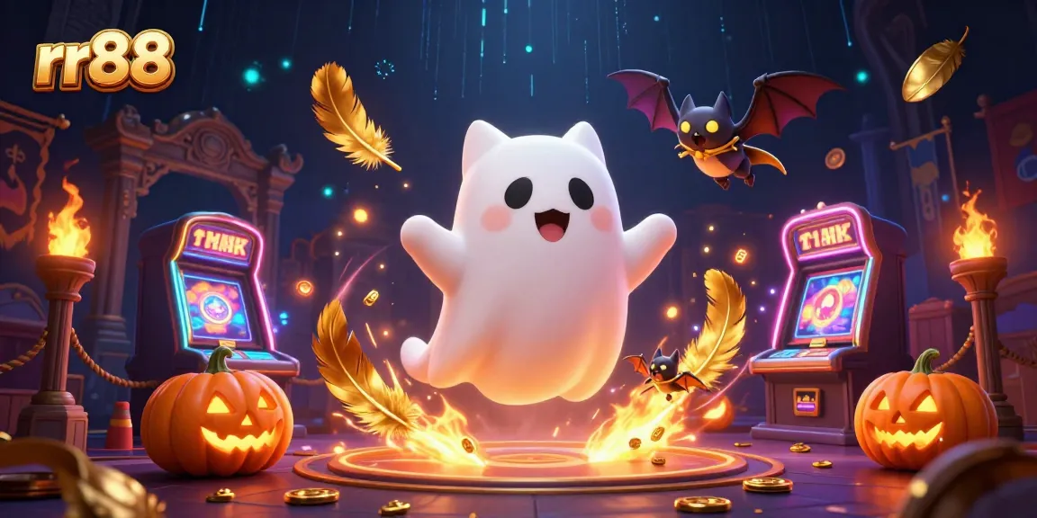 rr88 platform celebrates thrilling gameplay with a lively scene featuring a ghost cat, bat, and glowing jack-o-lanterns.