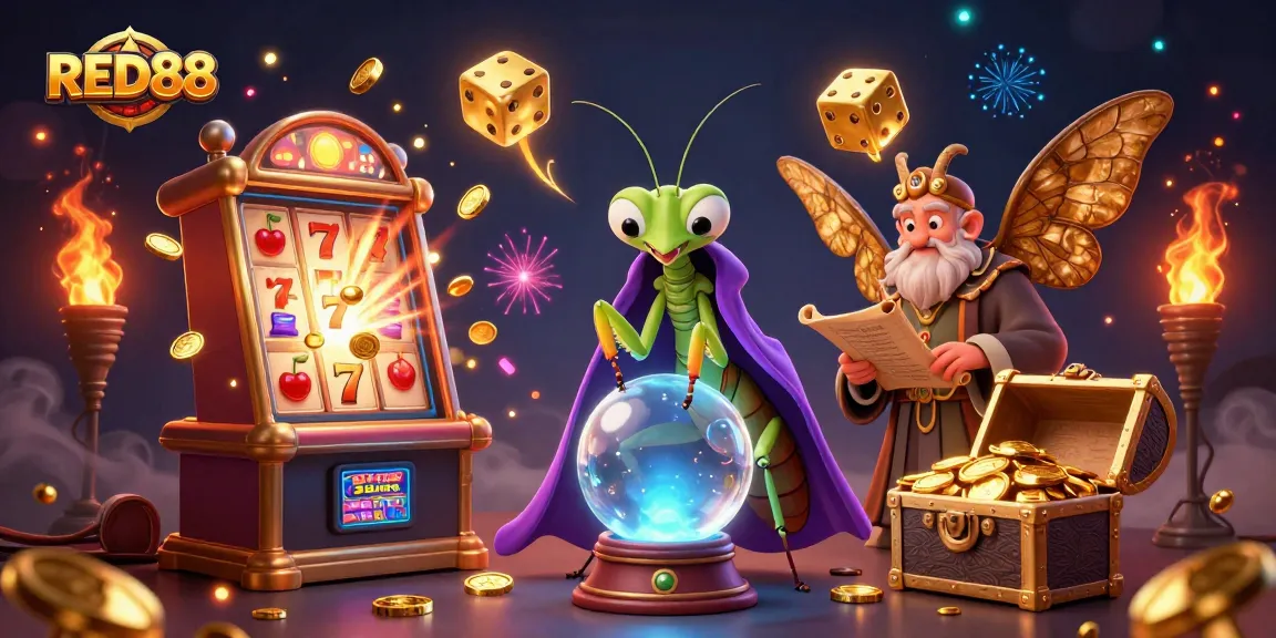 Join the excitement at RED88's dynamic casino scene featuring slot machines and animated characters.