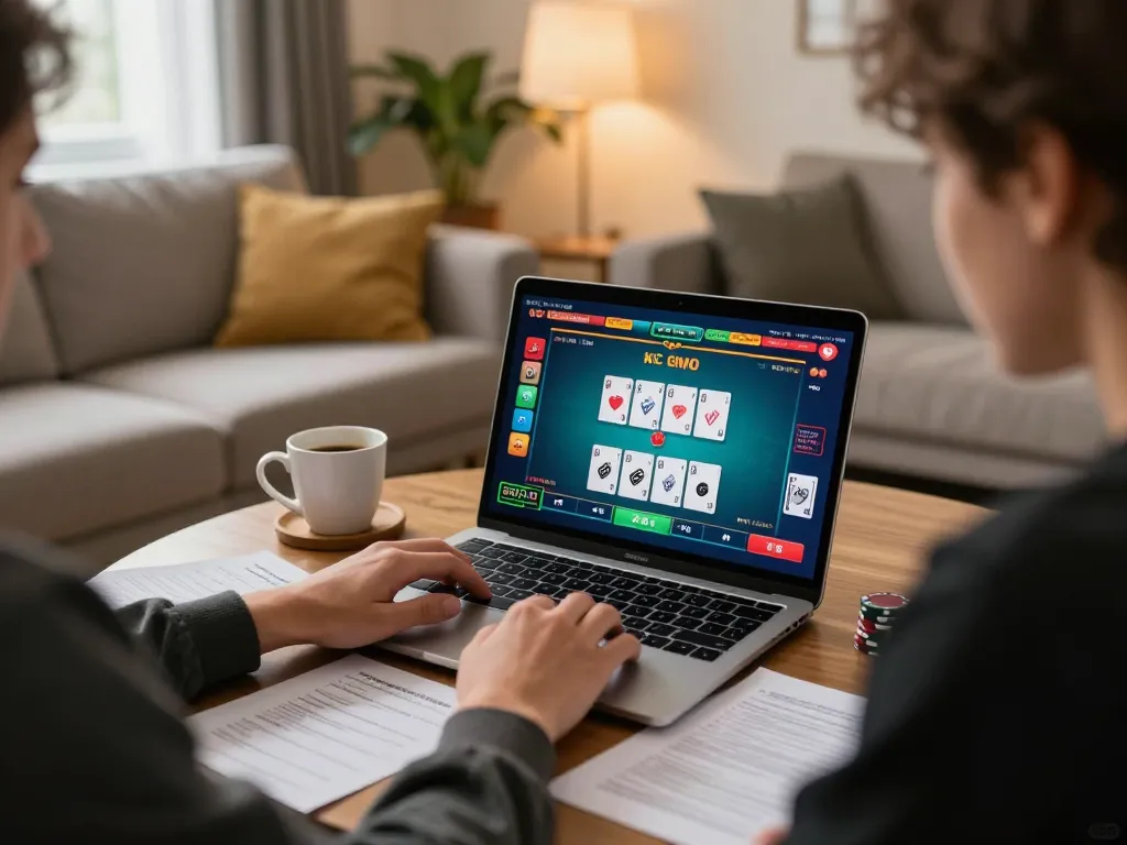 KJC player strategizing on online poker game with desktop setup