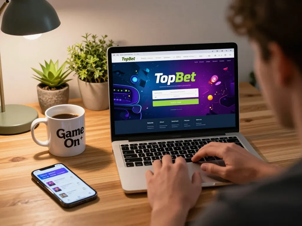 Login Topbet screen with user focused on online betting experience at cozy desk setup.
