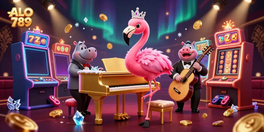 Join the fun at ALO 789 with vibrant casino characters surrounding a golden piano, offering thrilling gaming experiences.