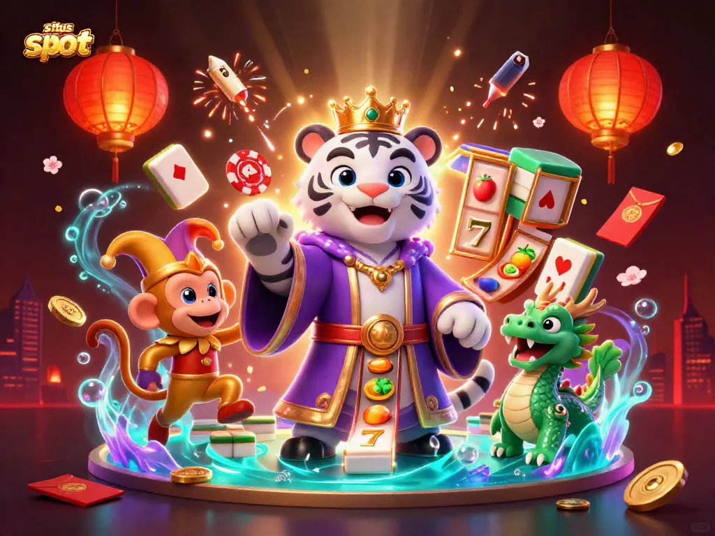 Experience thrilling play at situs slot with a delightful scene featuring a regal tiger, juggling monkey, and lively slot elements.