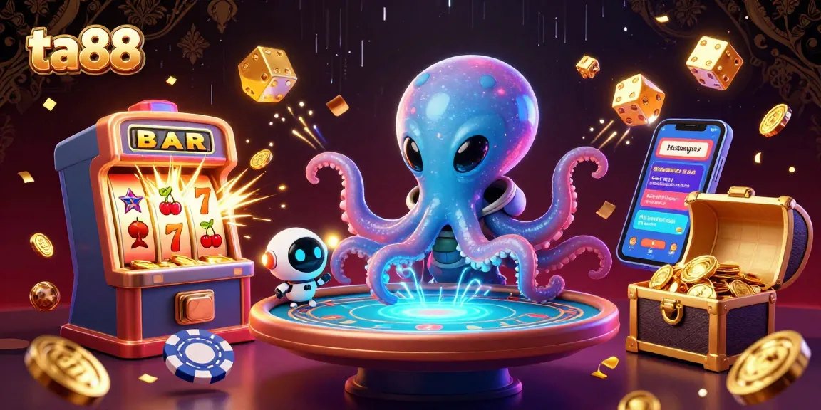 Experience thrilling gaming with ta88 featuring an alien octopus at a holographic poker table amidst a cosmic casino.