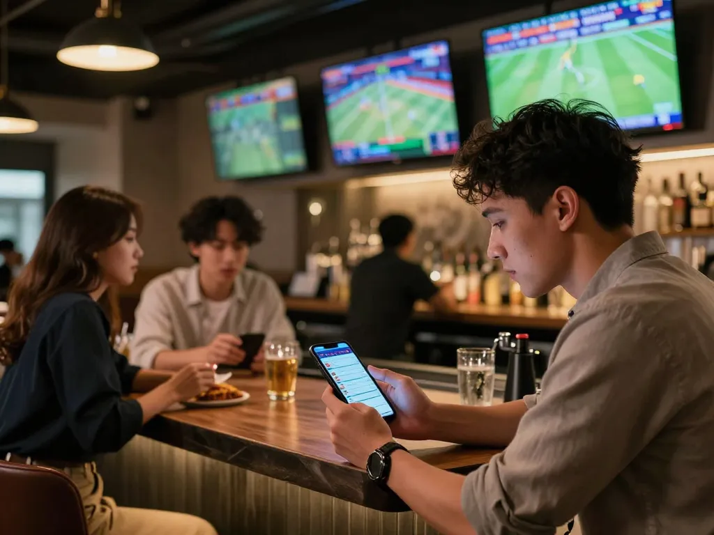Betting on live sports using co88i mobile app in a vibrant indoor bar setting.