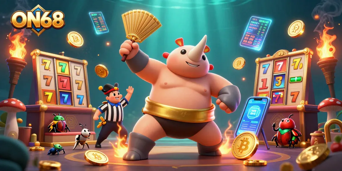 ON68 illustrates a dynamic casino scene with a beetle sumo champion, coins, and slot elements.