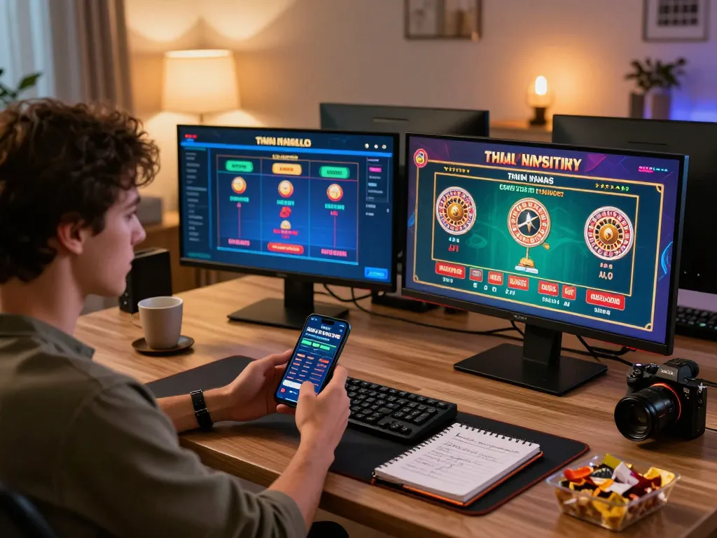 Player engaging in online casino games on multiple screens, optimizing vswin strategies at home.