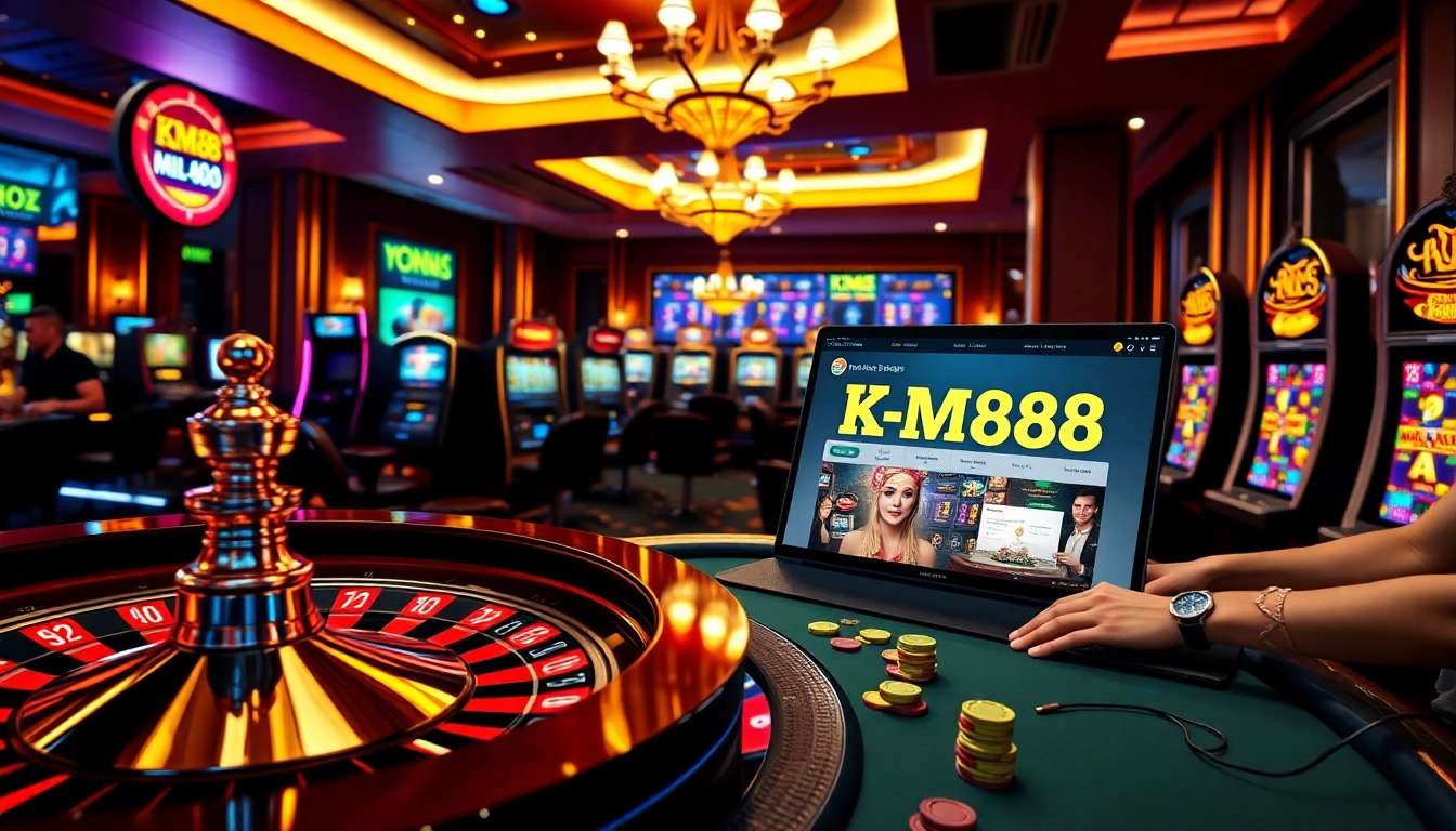Experience the thrill of online gaming at https://km88online.net/ with vibrant casino visuals of roulette and poker.